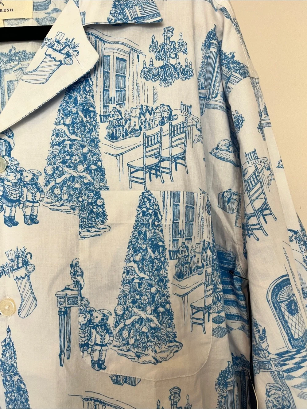 Printfresh x Kathy Hilton Holiday Toile Long Sleep Set Pajamas Blue White XS NWT